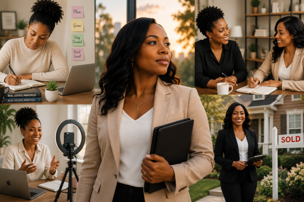 An AI-generated image of a woman going through the journey of becoming a licensed realtor and personal growth
