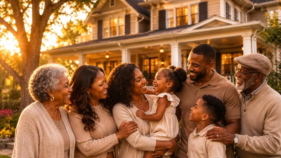 Multi-generational family standing proudly in front of a home, illustrating the journey from financial struggle to generational wealth through homeownership and family legacy.