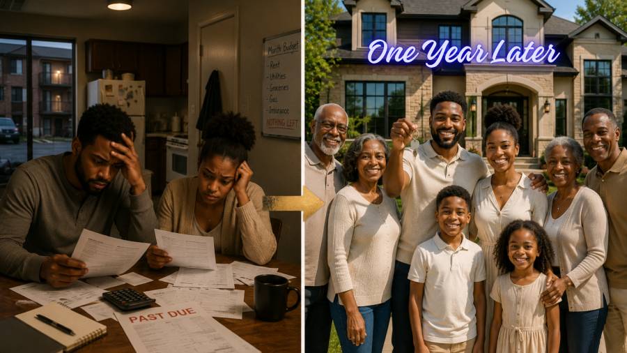 A young couple's transformation from facing financial hardship in a rental apartment to celebrating homeownership with family, representing the path to generational wealth.